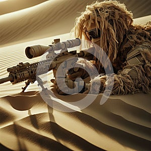 Sniper wearing a tan ghillie suit laying on a sand dune ready to attack. Close-up