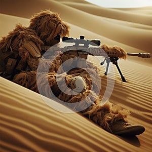 Sniper wearing a tan ghillie suit laying on a sand dune ready to attack. Close-up