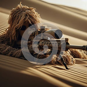 Sniper wearing a tan ghillie suit laying on a sand dune ready to attack. Close-up