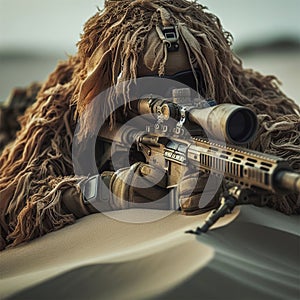 Sniper wearing a tan ghillie suit laying on a sand dune ready to attack. Close-up