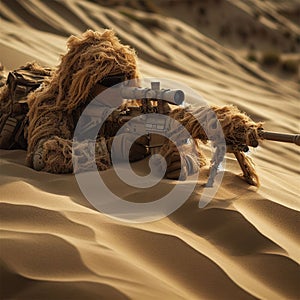 Sniper wearing a tan ghillie suit laying on a sand dune ready to attack.