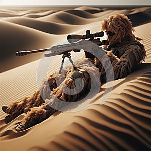 Sniper wearing a tan ghillie suit laying on a sand dune ready to attack