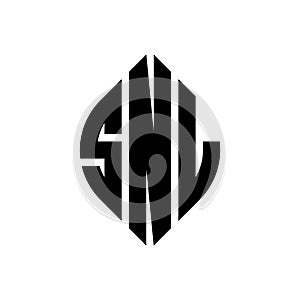 SNL circle letter logo design with circle and ellipse shape. SNL ellipse letters with typographic style. The three initials form a