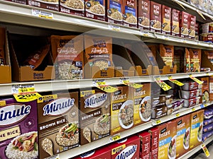 Snohomish, WA USA - circa November 2022: Angled view of instant rice for sale inside a Haggen grocery store