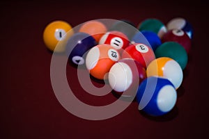 A snooker balls and table in a high angle view