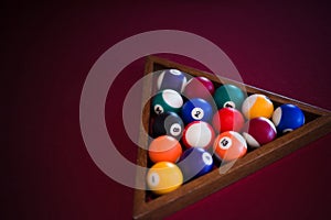 A snooker balls and table in a high angle view