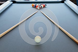 Snooker billiard pool table with balls set, selective focus