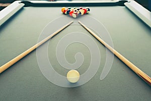 Snooker billiard pool table with balls set, selective focus and vintage photo