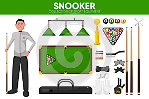 Snooker billiards sport equipment pool player garment accessory vector flat icons set