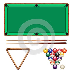 Snooker and pool gaming elements isolated on white. Billiard table