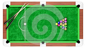 Snooker pool table and billiards ball arrangement with cue . Top orthographic view . Isolated . Embedded clipping paths . 3D