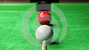 Snooker pool table and billiards ball with dimness light . Player aim at white ball . 3D rendering