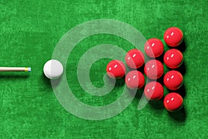 Snooker pool table and billiards ball . Sportsman aim at white ball . 3D rendering