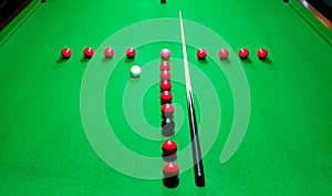 Snooker T practice routine setup on green baize snooker table