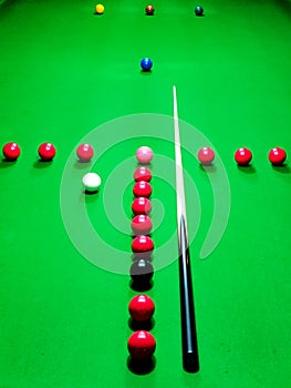 Snooker T practice routine setup on green baize snooker table
