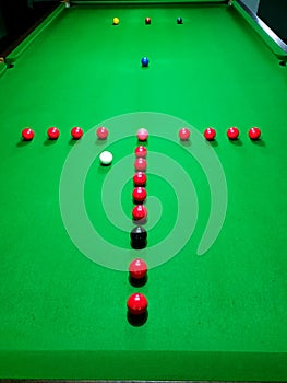 Snooker T practice routine setup on green baize snooker table