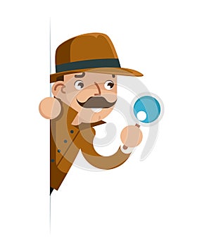 Snoop detective magnifying glass look peeking out of the corner cartoon flat design vector illustration