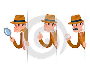 Snoop detective magnifying glass tec peeking out corner search help noir cartoon character design isolated set vector photo
