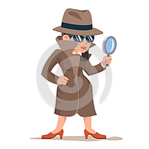 Snoop detective woman tec search evidence pursuit criminal follow the trail female design character vector illustration photo