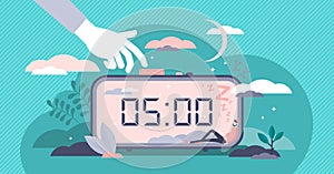 Snooze vector illustration. Work or sleep postpone in tiny persons concept.