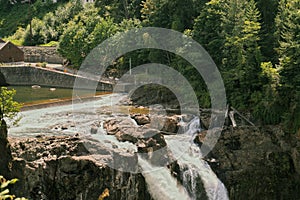 Snoqualmie Falls in state Washington.Power plant located underground. It is the first completely underground hydroelectric power