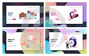 Snore Landing Page Template Set. Tiny Characters Sleeping in Bed and Suffering of Snoring, Angry Awake Man