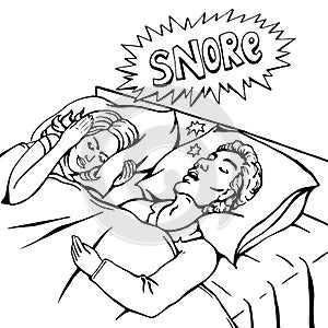 Snoring man in bed with the woman covering ears with the pillow from snore noise, line art retro comics sketch