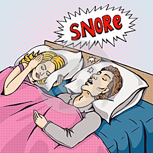 Snoring man in bed with the woman covering ears with the pillow from snore noise, pop art retro comics vector illustration