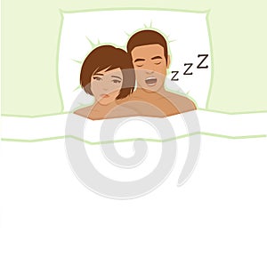 Snoring man. Couple in bed,