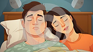 Snoring man. Couple in bed, men snoring and women can not sleep, covering ears with pillow for snore noise. Young interracial