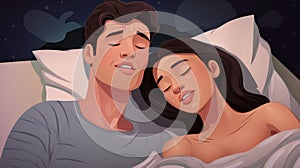 Snoring man. Couple in bed, men snoring and women can not sleep, covering ears with pillow for snore noise. Young interracial