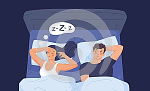 Snoring woman. Snorer sleeping wife and annoyed husband on pillow bed, female snore sound noise sensual sleep, nights