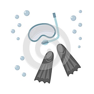 Snorkel, flippers isolated on white background. Blue diving mask, snorkel and pair of grey flippers. Fins, scuba mask