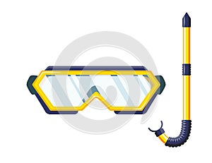 Snorkel mask for diving and swimming. Illustration of scuba diving, swimming masks with snorkel. Realistic diver