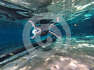 Snorkeler looking at camera and watching tropical fishes in a rainforest creek, , Bom Jardim, Mato Grosso, Brazil