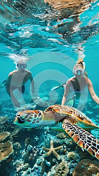 Snorkeling couple with a green sea turtle