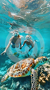 Snorkeling couple with a green sea turtle