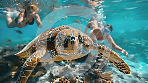 Snorkeling couple with a green sea turtle