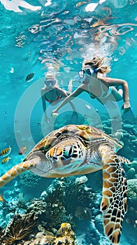 Snorkeling couple with a green sea turtle