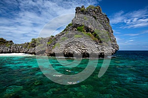 snorkeling diver swim at underwater with coral reef . Travel lifestyle, background Island and tropical beach, Koh Hayai Island, A