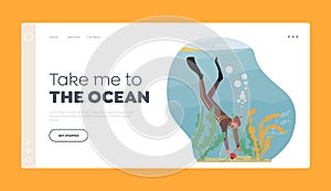 Snorkeling or Diving Landing Page Template. . Man Scuba Diver in Swimming Suit Pick Up Shell from Sea or Ocean Bottom