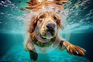 snorkeling dog underwater pool vacation water funny puppy swimming fun. Generative AI.