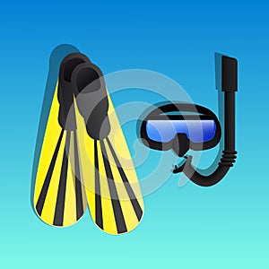 Snorkeling equipment. Diving mask, snorkel and flippers vector.