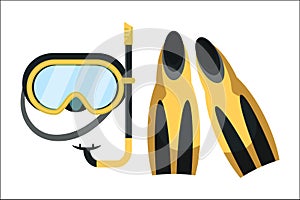 Snorkeling equipment flat vector illustration. Flippers and diving mask isolated on white background. Diver equipment