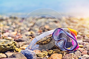 Snorkeling Mask Dry Snorkel Water Sports Gear on Stone Beach Coastline Sea Relax Summer Vacation Holiday Concept Tone