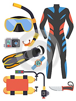 Snorkeling and scuba diving set of elements. Scuba-diving gear isolated. Diver wetsuit, scuba mask, snorkel, fins