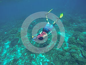 Snorkeling with sea turtle. Snorkel in yellow fins.