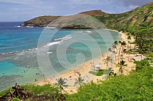 Snorkelling at the coral reef of Hanauma Bay, a former volcanic crater, now a national reserve near Honolulu, Oahu, Hawaii, United