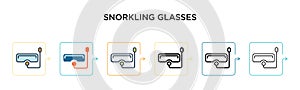 Snorkling glasses vector icon in 6 different modern styles. Black, two colored snorkling glasses icons designed in filled, outline