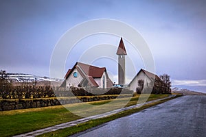 Snorralaug - May 08, 2018: Church near the hotsprings of Snorralaug, Iceland